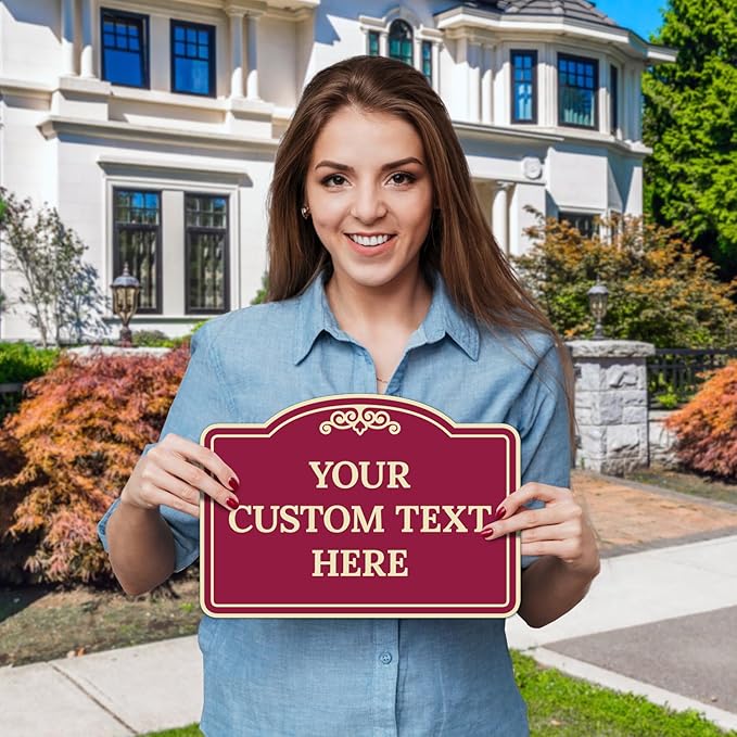 Custom Decorative Sign, Personalized Metal Sign for Driveway, Home, Airbnb, Door Plaque, Burgundy Background Sign, 7x10 Inches, ACM, Fade Resistant, Made in USA by Sigo Signs