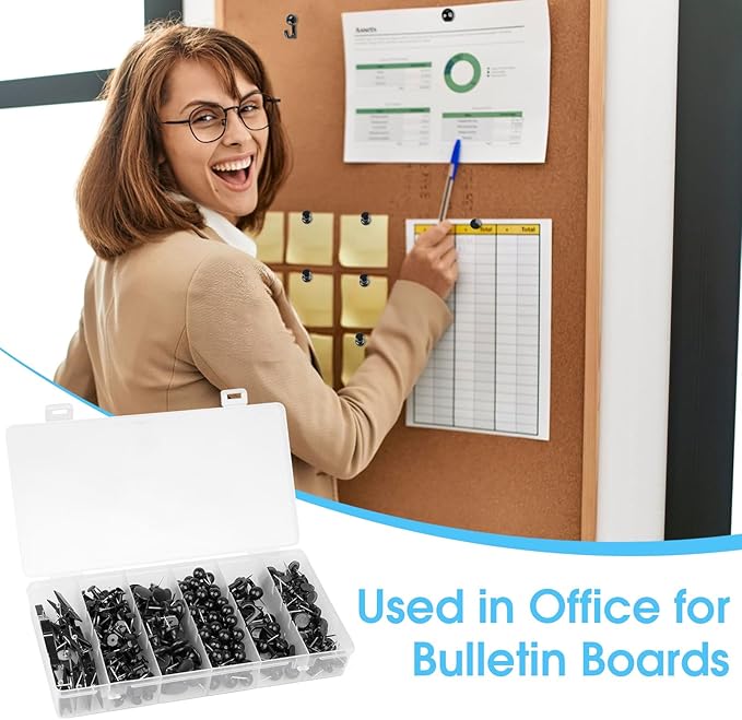 290 Pcs Push Pins, 6 Style Thumb Tacks Set for Wall Hanging,Cork Board, Bulletin Board, Decorative Steel Point Push Pins for Map, Photo, Craft, Office, Home - Black