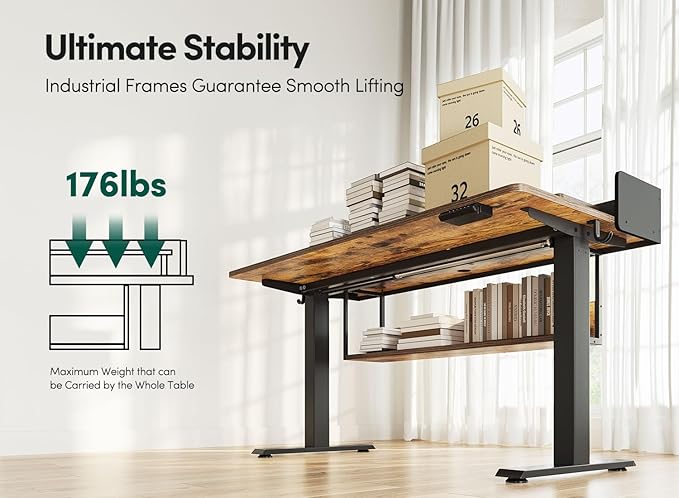 FEZIBO 55" Electric Standing Desk with Shelves, 55 x 24 Inch Sit Stand Rising Desk with Monitor Stand and Storage, Ergonomic Home Office Computer Desk, Rustic Brown