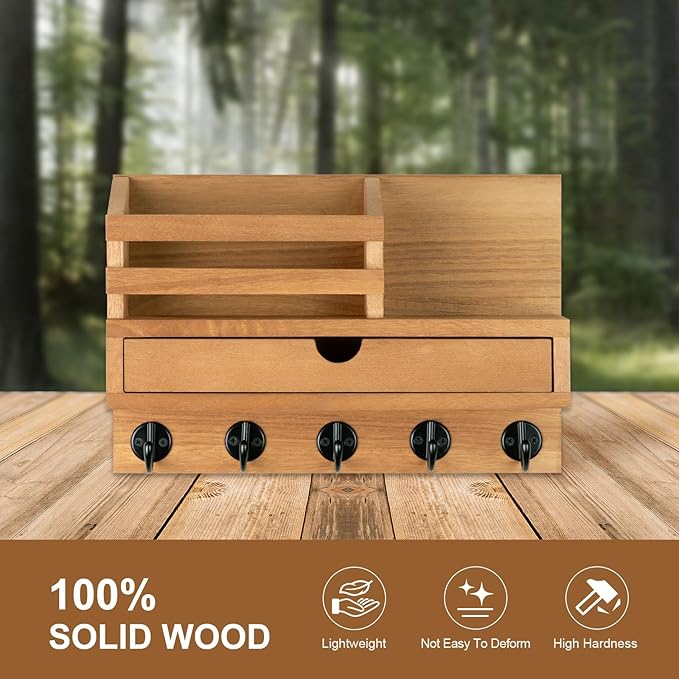 Lucundm Key Holder Wall Mount, Mail Holder with Storage Drawer and 5 Key Hooks for Coat, Dog Leash, Home Decor Rack, House Accessories, Entry Way Organizer (Wood)
