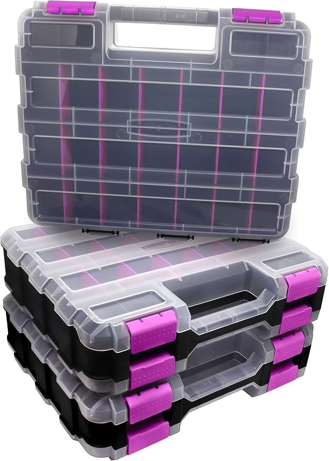 Tools Organizer Box Small Parts Storage Box 50-Compartment Double Side Hardware Organizers with Removable Plastic Dividers for Screws, Nuts, Nails, Bolts, Purple