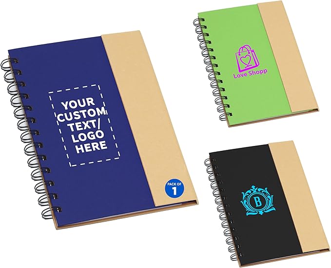DISCOUNT PROMOS Custom Eco Friendly Spiral Notebooks with Pens Set of 1, Personalized Bulk Pack - Perfect for Business, Office, Hom - Blue
