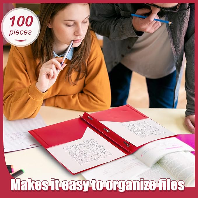 Lincia 100 Pcs Plastic Folders with Pockets and Prong Folders with Prongs 2 Pockets for Office, School for Students, Teachers, Office Workers(Red)