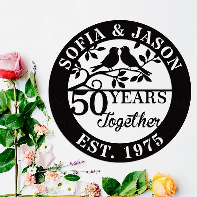 efcustomgifts Personalized 50th Anniversary Metal Signs for Couple, Wedding, Family Name Gifts, 8x10 or 11x14 inches, Black, Classic Style, Love Theme