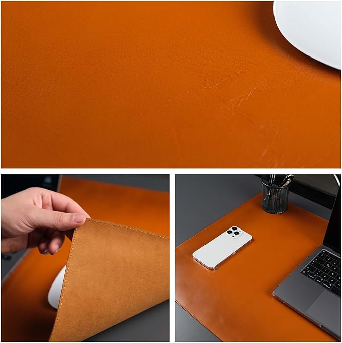 TORONATA Jersey Genuine Calfskin Leather Desk Pad, Office Desk Mat with Non-Slip Bottom, Smooth Surface for Mouse & Keyboard, Desk Protector (14.6x31.5 inches) (Tan)