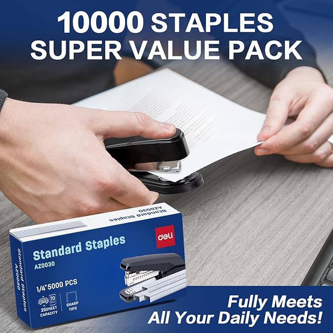 Deli Staples, 10000 Staples, Standard Staple for Desktop Staplers, 1/4'' Length, 210/Strip, 2 Boxes of 5000 Each