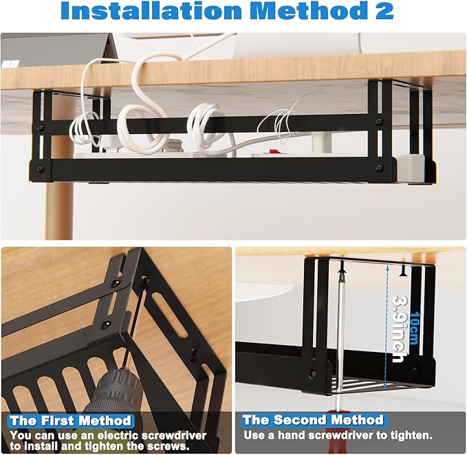 PAVSTINE Under Desk Cable Management Tray, 17 in Metal Cable Tray Basket for Wire Management, Power Strip Holder, Cord Organizer, Wire Tamer for Home/Office Desk Cable Hider Black