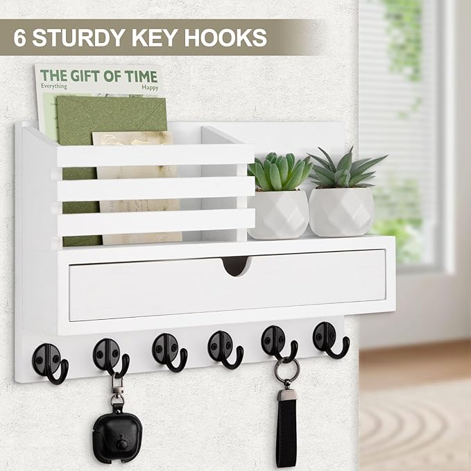 Lucundm Key Holder Wall Mount, Mail Holder with Storage Drawer and 6 Key Hooks for Coat, Dog Leash, Home Decor Rack, House Accessories, Entry Way Organizer