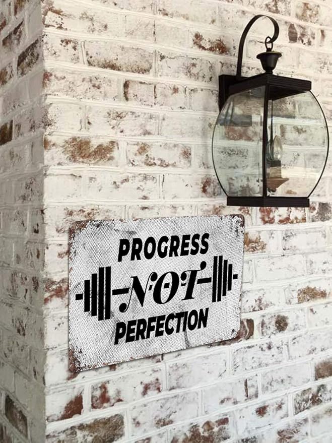 Tarika Progress Not Perfection 20X30 cm Iron Retro Look Decoration Poster Sign for Home Gym Inspirational Quotes Wall Decor