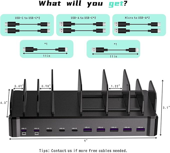 420W Charging Station for Multiple Devices, Zobirez 10-Port USB C Fast Charger Stations for MacBook, iPhone, Android Cell Phone, iPad, Tablet, Family Multi-Device Organizer Charging Dock, Black