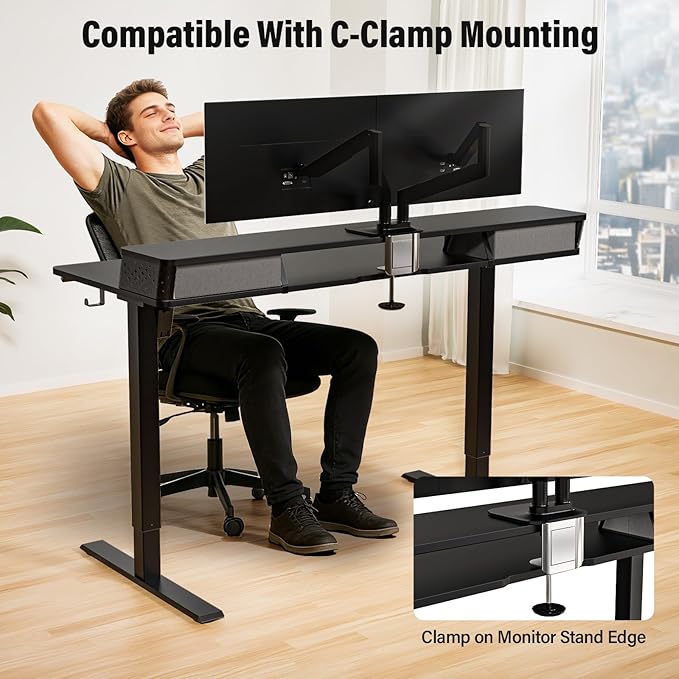 Kingant 55 x 24 Inch Electric Standing Desk with Dual Drawers, Height Adjustable Sit to Stand Computer Desk with Storage Shelf and C-Clamp Mount Compatibility for Home Office, Black