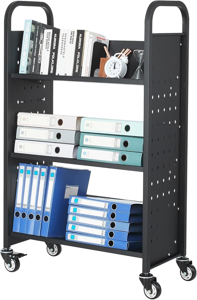 VEVOR Rolling Library Book Cart, 330 lbs Capacity, 30.3 x 15 x 48.0-Inch Library Cart, Single Sided V-Shaped Shelves with 3-Inch Lockable Wheels, Book Truck for Home Shelves Office and School, Black