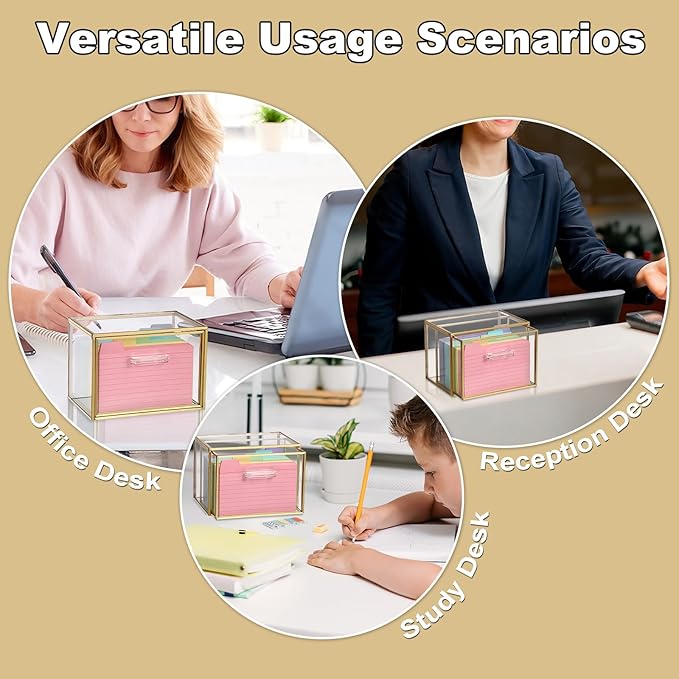 BTSKY Golden Glass Index Card Organizer Box, 3x5 Inch Index Cards Holder with Drawer, Flash Card Storage Holder, Recipe Notecard Box for Office Desk Photo Case Business Cards and Study Note Cards