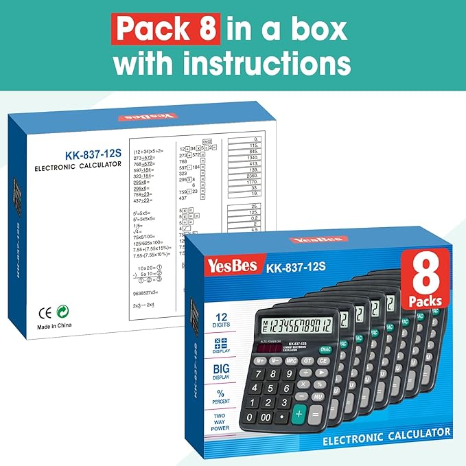 8 Pack Calculator Bulk, 12 Digits Calculators Desktop with Large LCD Display and Sensitive Butto, Solar and Battery Dual Power, Desk Calculator for Office, School, Home