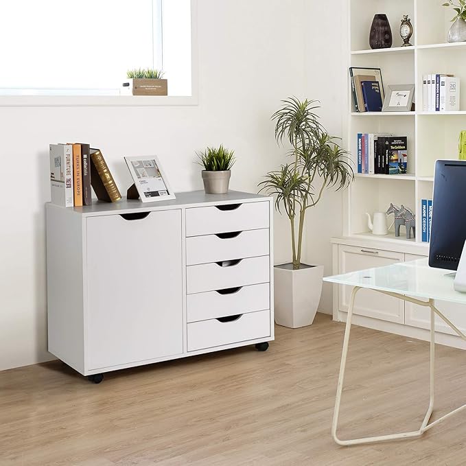 Giantex File Cabinet, Mobile Lateral Filing Cabinet with 5 Drawers &1 Door, Wheels, Rolling Storage Organizer for Home Office, Study Room (31”x 15.5” x 25.5”, White)