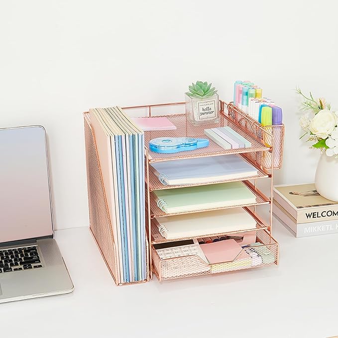 Gugsey Desk Organizer, 5-Tier Paper Letter Tray Organizer with File Holder, Drawer and Pen Holder, Desktop Organizer for Office Supplies, Rose Gold