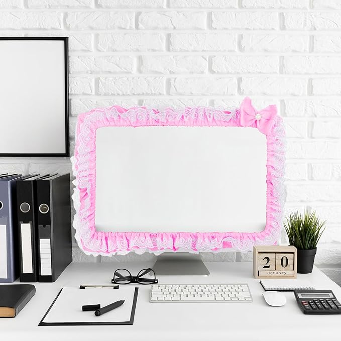 Kingshion 23"-27" Lovely Cute Computer Monitor Cover with Lovely Cute Elastic Pen Pocket Bow-knot TV LCD Screen Monitor Decoration Dust Cover Protector, Lace Fabric, Pink