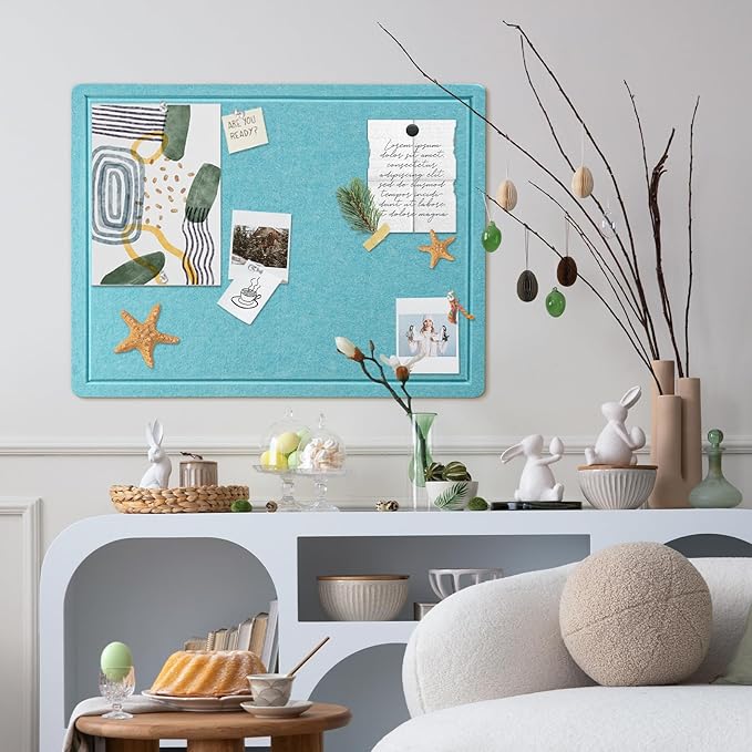 Bulletin Board, 24 x 18 inches Felt Board Decorative Pin Board, Cork Board Alternative for Wall, Foldable Self-Adhesive Vision Board Mood Board with 20 Pushpins - Turquoise Blue