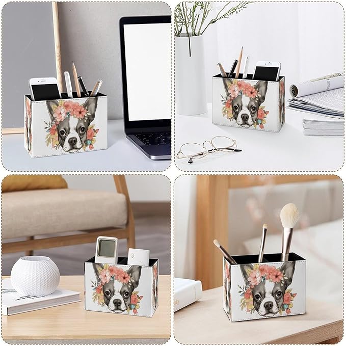 Famame Flowers on Bulldog Head Pencil Holder for Desk, Leather Desktop Container Pen Cup Storage Study Table Pen Organizer Makeup Brush Holder for Classroom Office Home