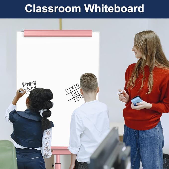 TSJ OFFICE Rolling Whiteboard Standing - 40 x 26 Inches Magnetic Mobile White Board with Stand, Height Adjustable Dry Erase Board on Wheels with Paper Clamp on Top, Pink