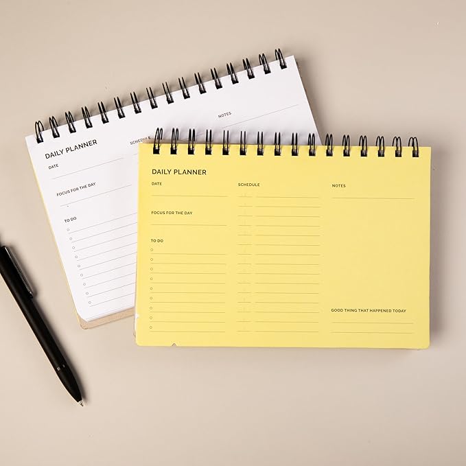 Undated Daily Planner Notebook – Spiral Bound A5 (5.75" x 8.5"), 60 Pages, Yellow Cover | Simple Organizer for Work, School & Personal Goals