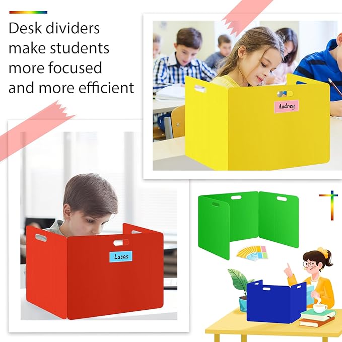 MuseLuxe 24 Pack Privacy Folders for Students - Durable & Waterproof Plastic Study Desk Dividers,Test Dividers for Classroom,Easy to Clean Privacy Shields & Boards -4 Color,Includes Extra 48 Labels