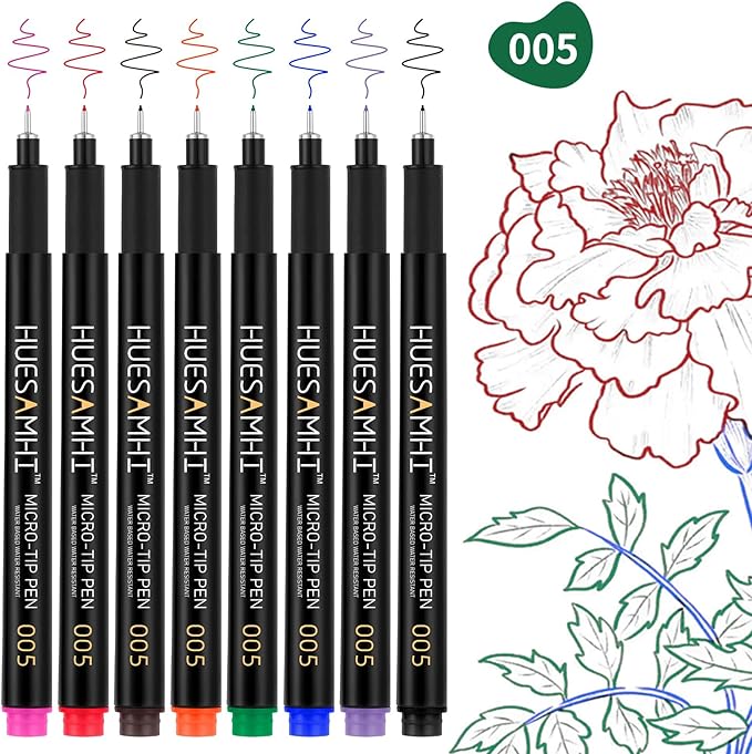 huesamhi 005 Micro Pen,8 Colors Waterproof Ink,FineLiner Pens for Art Illustration,Sketching, Anime, Bullet journal,and Technical Drawing