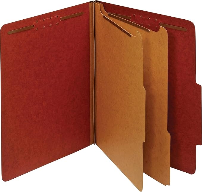 Pendaflex Recycled Classification File Folders, 2 Dividers, 2" Embedded Fasteners, 2/5 Tab Cut, Letter Size, Red (24075R), Specialty, Box of 10