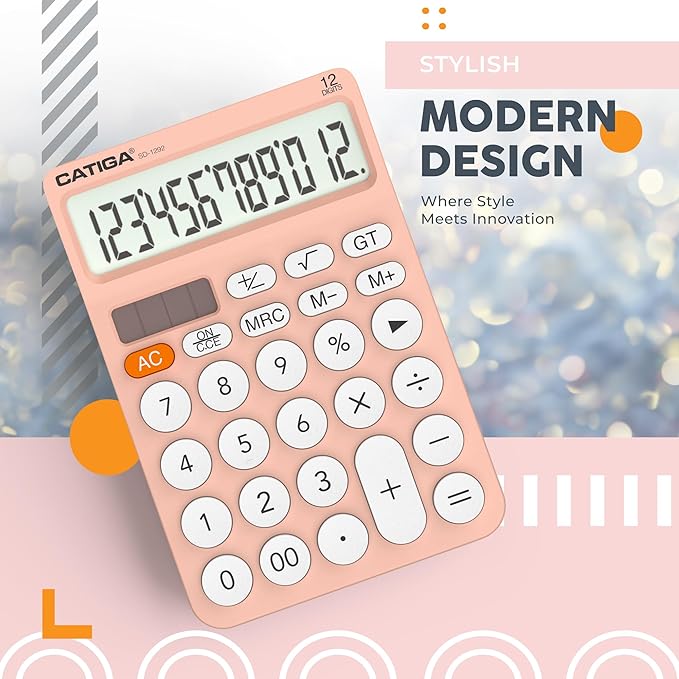 CATIGA 12 Digit Desktop Calculator Basic Desk Calculator with Large LCD Display, Big Buttons, 4 Function, Solar and Battery Dual Power, for Office, School, Home, SD-1292 Pink