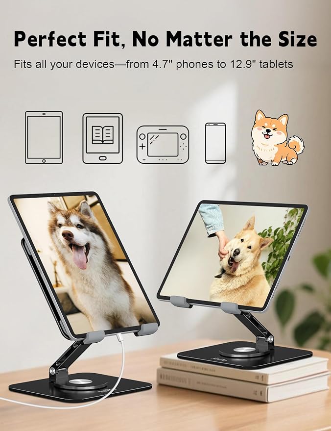 Aoviho Adjustable Tablet Stand for iPad - 360° Rotating Aluminum Desk Holder, Foldable Stable Stand for iPad Pro 12.9/11,Home Office & Travel,Great Gift for Mom & Teens, Black