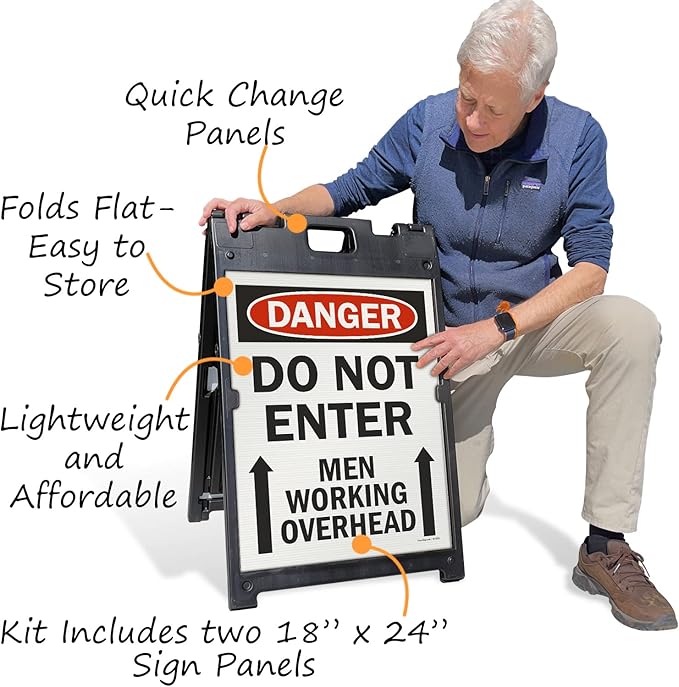 SmartSign 24 x 18 inch “Danger - Do Not Enter, Men Working Overhead” Two-Sided BabyBoss A-Frame Sign Kit, Plastic, Multicolor (1 A-Frame + 2 Sign Panels), Made in USA