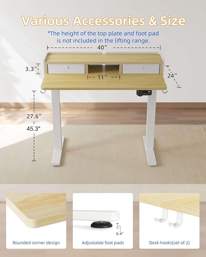 YIHAYO Electric Standing Desk with Drawers, 40 x 24 Inches Adjustable Desk with Storage Shelf, Stand Up Desk with Splice Board, Computer Table for Home Office, White Frame/Natural Top