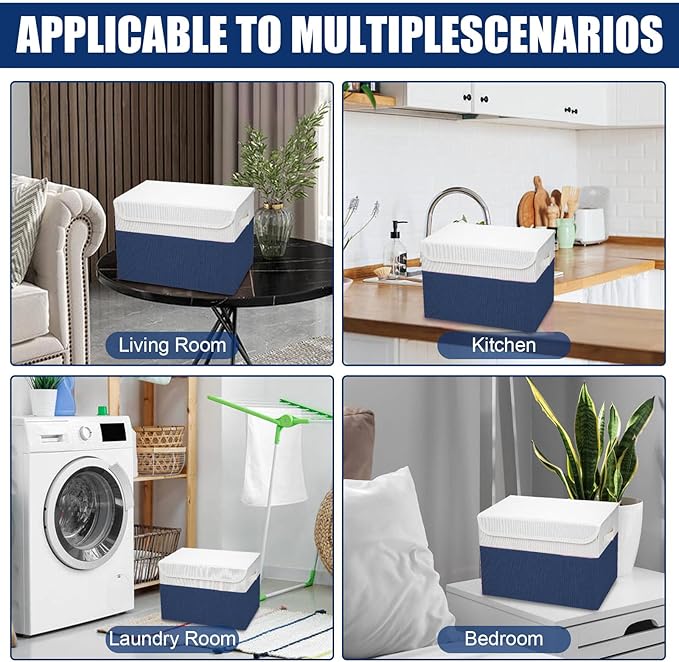 Bagnizer Large 22 Quart Linen Fabric Foldable Storage Bin Cube Organizer Basket with Flip-Top Lid & Handles, Clothes Blanket Box for Home, Office, Closet, Navy Blue & White, 4 Pack 14.6 x 9.5 x 9.5