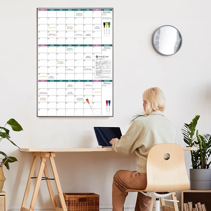 ARCOBIS 3-Month Dry Erase Calendar for Wall, 39"x28" Magnetic Whiteboard Calendar with Black Aluminum Frame, Monthly Calendar Board for Office, Home, School
