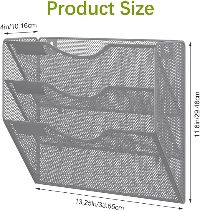 EasyPAG 3 Pocket Mesh Wall File Organizer, Hanging Paper Folder Holder with Classify Label, Vertical Wall Mount Mail Organizer for Office Home Classroom, Silver