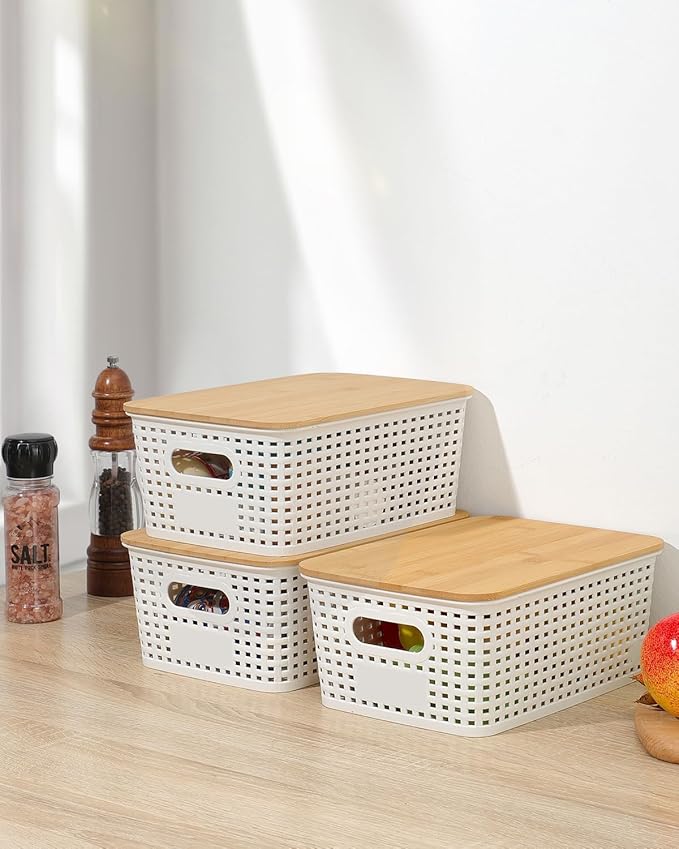 6 Pack Storage Bins with Bamboo Lids,Plastic Storage Baskets and Storage Containers, Storage Baskets for Organizing Shelves Drawers Desktop Closet Playroom Classroom Office Home
