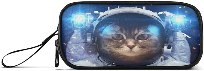 Cat Astronaut Pencil Case Box Boys Girls Large Pencil Pouch with Zipper Compartments Big Capacity Stationery Pen Bag Organizer for Kids Teens Adults School Office