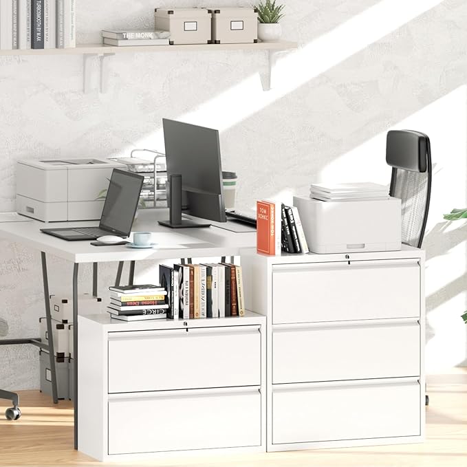 Greenvelly 2 Drawer File Cabinet, Metal Filing Cabinet with Lock, White Lateral File Cabinet for Home Office, Locking File Cabinet for Letter/Legal/F4/A4 Size Hanging Files, Easy Assembly