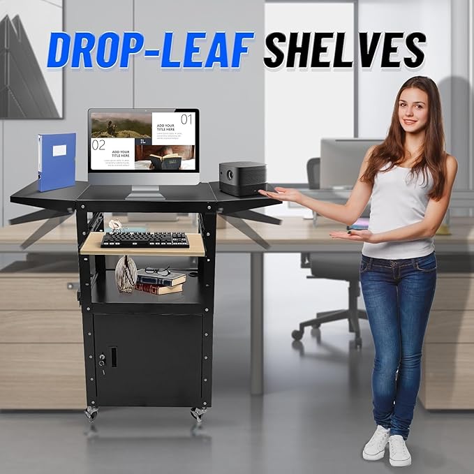 Upgraded AV Cart, Adjustable-Height Steel AV Cart with Locking Cabinet and Pullout Keyboard Tray, Rolling Media Cart with Wheels & Power for Computer Laptop Projector Printer (Black/43"x18"x43")