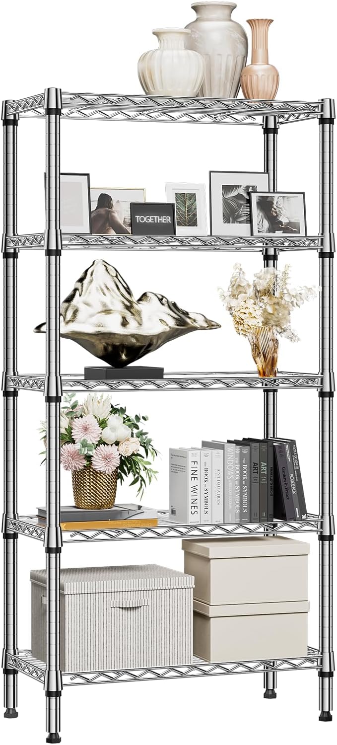 M MZG 1250 lbs 5 Tier Shelf Metal Storage Shelves Shelving Wire Rack Heavy Duty Closet Organizers for Garage Kitchen Bathroom Laundry Chrome 13.8" D x 29.5" W x 59.5" H