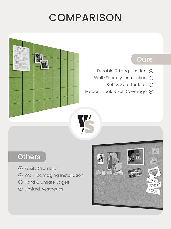 Bumusty Large Cork Board Alternative-47 x35 Felt Bulletin Board Tiles, with 30 Pushpins, 70 Adhesive Tabs, 12-Pack Slat Wall Paneling, Cork Boards for Office Push Pin Board Felt Board-Kelly Green