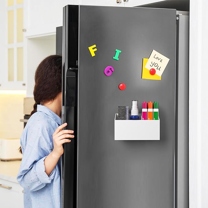 HBlife Magnetic Dry Erase Marker Holder for Whiteboard with 2 Compartments, Acrylic Wall Mount Magnet Pen Pencil Holder for Refrigerator, Locker Organizer Accessories for Classroom Office, White