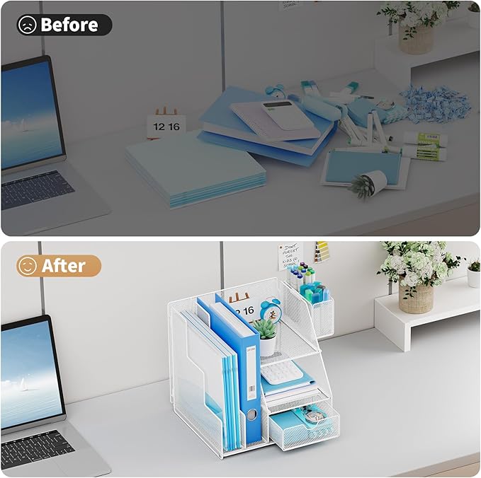 Marbrasse Desk Organizer and Accessories, 3-Tier File Organizer with Drawer and Pen Holder, Small Desktop Organizer and Storage for Workspace Office Supplies White