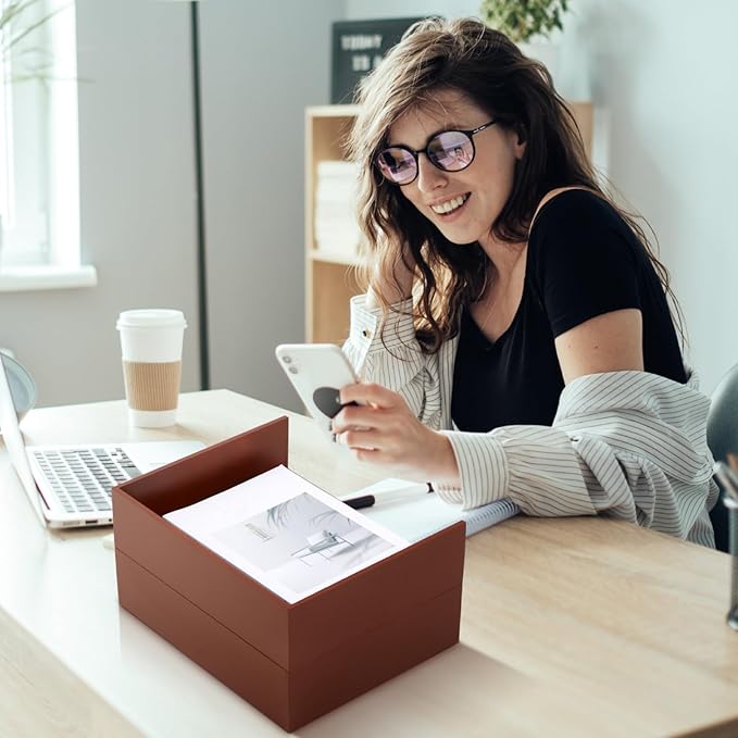 Yeaqee 2 Pcs Wooden Leather Stackable Letter Trays 13 x 10.6inch Luxurious Surface Desk Letter Tray Heavy Paper Inbox Mail Organizer for Office Document Magazine Folder Desktop Accessories(Brown)