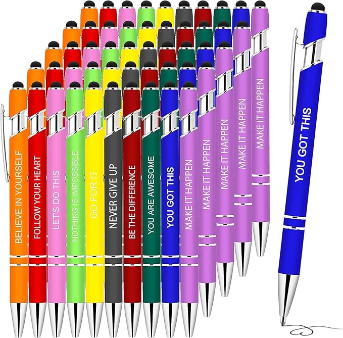 Greengines 50 Pieces Inspirational Pens, Motivational Ballpoint Pen with Stylus Tip Funny Ink Pens Bulk Inspirational Gifts for Women Coworkers Office Supplies Black Ink