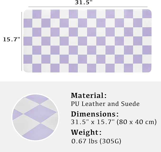 Ohocut Checkered Desk Mat, 31.5" x 15.7" Large Cute Purple Aesthetic Retro Girl Women Accessories, PU Leather Computer Laptop Mat Mouse Keyboard Pad, Desk Writing Makeup Mat for Vanity/Work/Home Decor