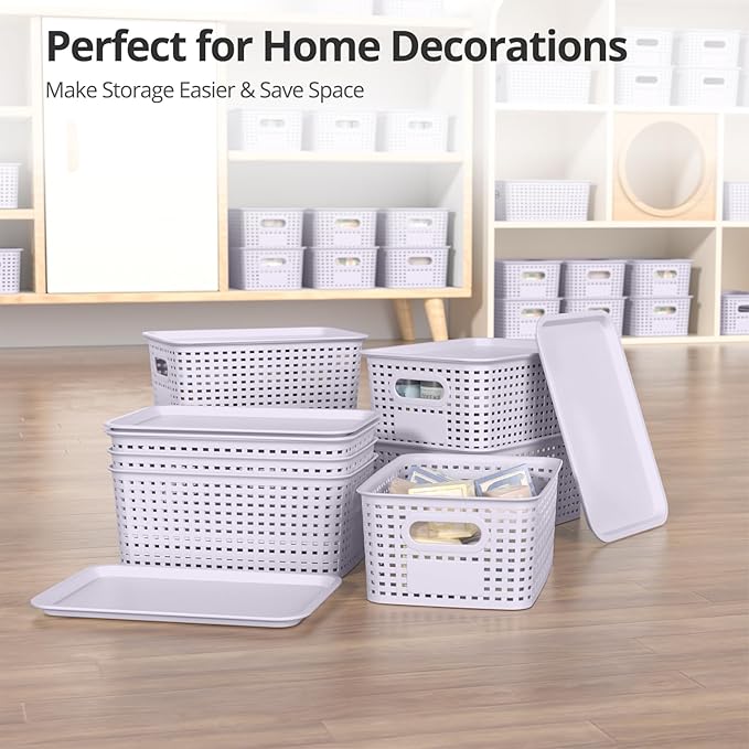 ZFTMRR Plastic Storage Basket with Lid, Stackable Small Box Bins for Organizing and Containers for Shelves Drawers Desktop Closet Playroom Pantry Classroom Office Home, 8 Pack 10.2"x7.2"x4.1" Lavender