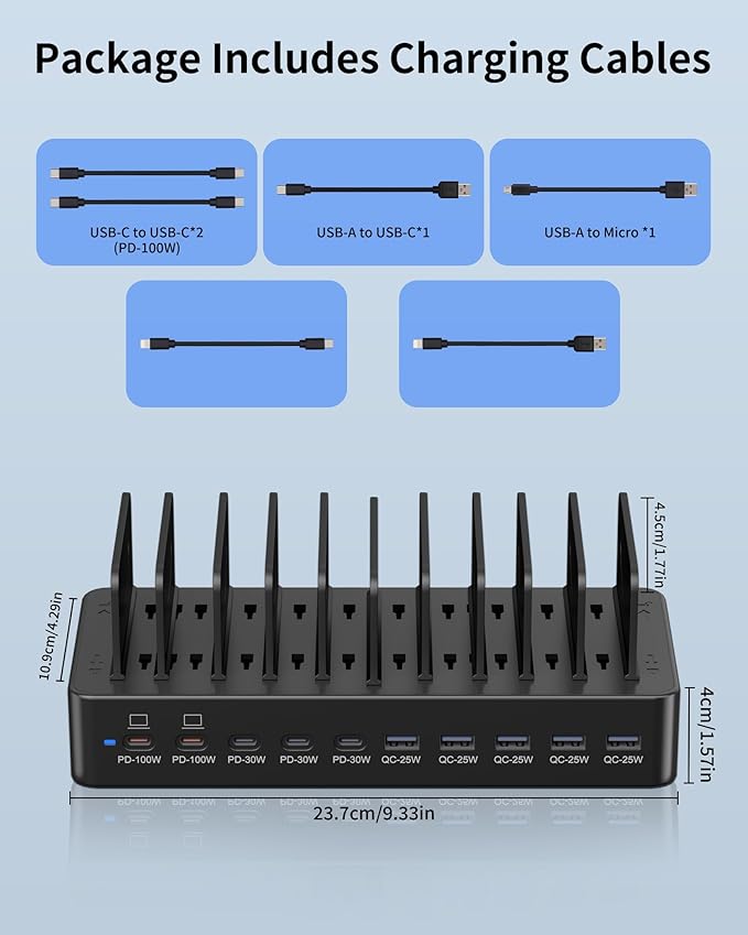 415W Charging Station for Multiple Devices, 10-Port USB C Fast Charger Station, Dual PD 100W Charging Dock with Adjustable Dividers & 6 Cables-Device Organizer for Laptop MacBook, iPhone, iPad