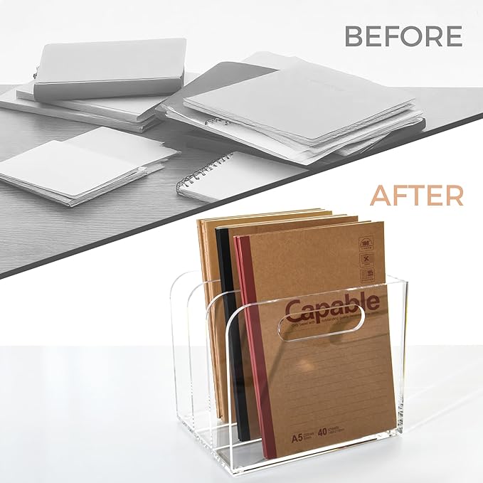 AIMOLLY Clear Acrylic Organizers - 3 Vertical Compartments Acrylic Folder Organizer & File Organizer, Desk Document Storage Bins for Magazines, Binders - Multipurpose Home Office Desk Organizer
