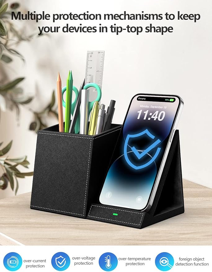 ExtreLife 2-in-1 Pen Holder with Wireless Charger, Compatible with iPhone 16/15/14/13/12/11/8 Series, Pencil Holder for Desk Home Office, Men Gift Husband Wife Anniversary Dad Birthday Idea Gadget